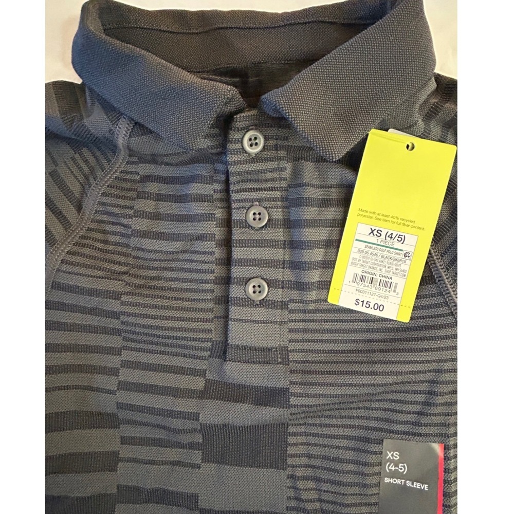 All In Motion Boys XS 4/5 Seamless Golf Polo Shirt Black Grey Geometric Stripe